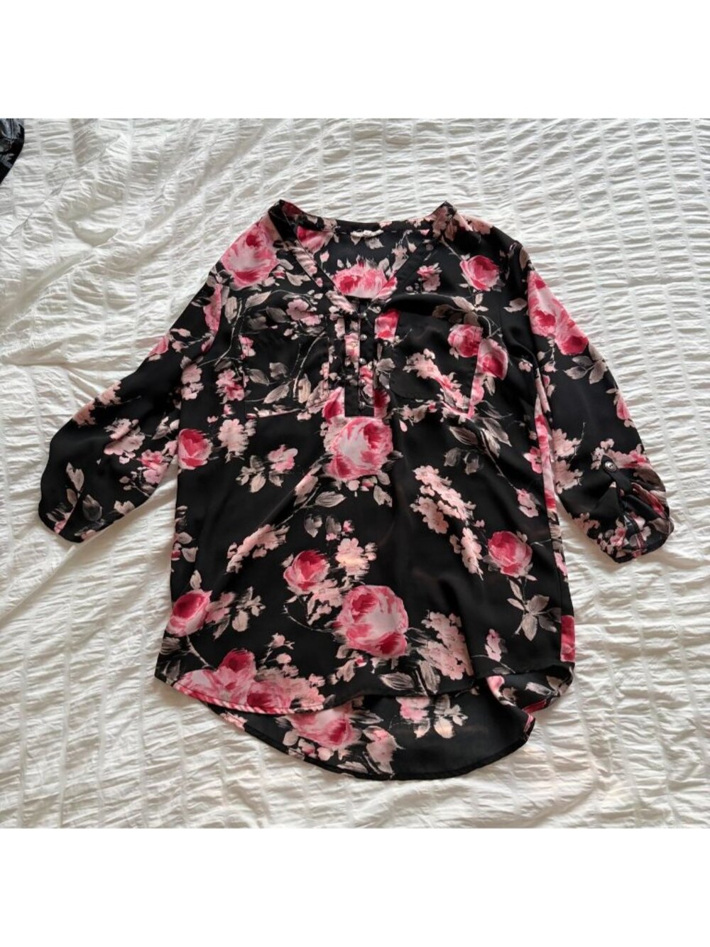 Maurices black & pink floral blouse with 3/4 sleeves #floral #workwear